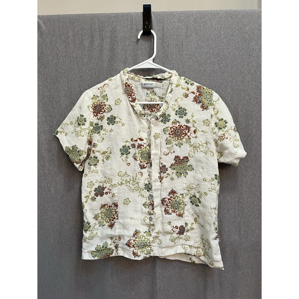 Habitat Clothes To Live In Womens Floral Sz M 100% Linen Button Up Short Sleeve